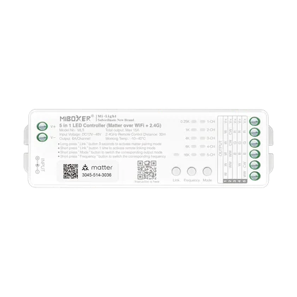 MiBoxer ML5 Matter over WiFi & 2.4G Funk LED Controller – 5-in-1, einfarbig bis RGBCCT, 12-48 V, 15 A, einstellbare PWM-Frequenz