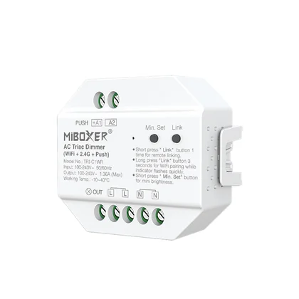 MiBoxer TRI-C1WR WiFi & 2.4G Funk TRIAC Dimmer für dimmbare 230 V Leuchten – Phasenabschnitt, 300 W, Push-Dim