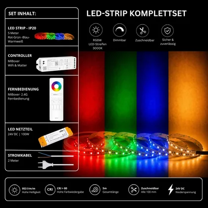 LED Streifen Set RGBW – SMD LED Streifen 24V, 60 LEDs/m, 4-in-1, 18 W/m, 953 lm/m, 5m, RGB + Warmweiß 3000K, CRI 80 – SS100 Netzteil, WL5 WiFi Controller & C5 Fernbedienung Weiß