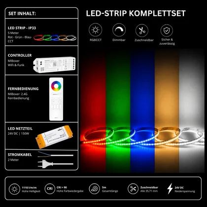 LED Streifen Set RGBCCT IP33 – COB LED Streifen 24V, 21 W/m, 5m, punktfrei – SS150 Netzteil, WL5 WiFi Controller & C5 Fernbedienung Weiß