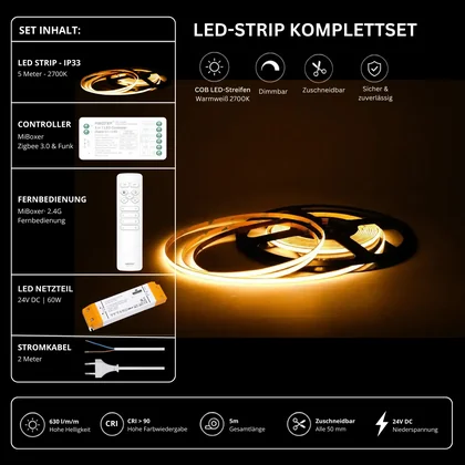 LED Streifen Set Einfarbig COB Schmal – 5 mm COB LED Streifen 24V, punktfrei, 7 W/m, 5m, Warmweiß 2700K, CRI 90 – SS60 Netzteil, SZ2 Zigbee 3.0 Controller & C1 Fernbedienung Weiß
