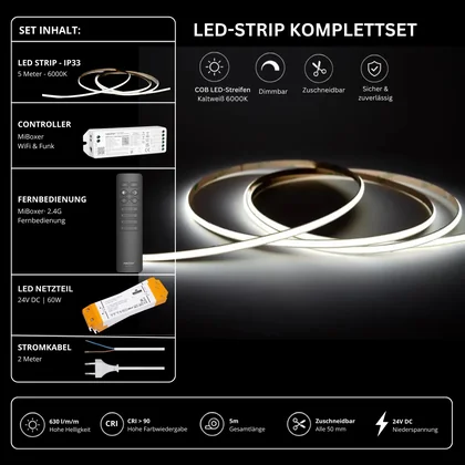 LED Streifen Set Einfarbig COB Schmal – 5 mm COB LED Streifen 24V, punktfrei, 7 W/m, 5m, Kaltweiß 6000K, CRI 90 – SS60 Netzteil, WL5 WiFi Controller & C1 Fernbedienung Schwarz