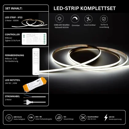LED Streifen Set Einfarbig COB Schmal – 5 mm COB LED Streifen 24V, punktfrei, 7 W/m, 5m, Kaltweiß 6000K, CRI 90 – SS60 Netzteil, SZ2 Zigbee 3.0 Controller & C1 Fernbedienung Weiß