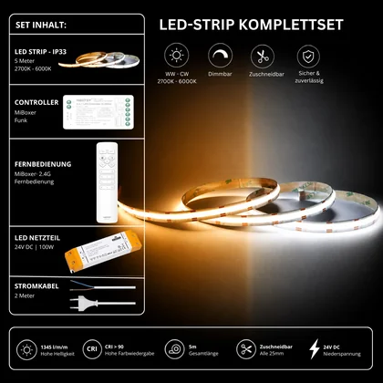 LED Streifen Set CCT IP33 – COB LED Streifen 24V, 16 W/m, 1345 lm/m, 5m, 2700-6000K – SS100 Netzteil, SR2 Funk-Controller & C1 Fernbedienung Weiß