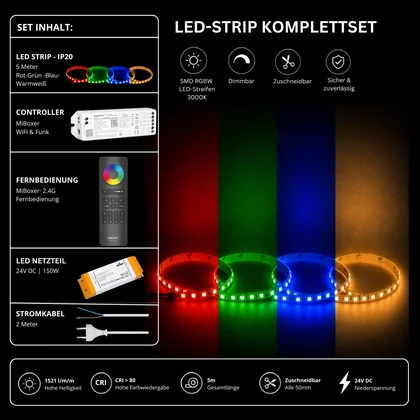 LED Streifen Set RGBW – SMD LED Streifen 24V, 4-in-1, 19,2 W/m, 5m, RGB + Warmweiß 3000K – SS150 Netzteil, WL5 WiFi Controller & C5 Fernbedienung Schwarz