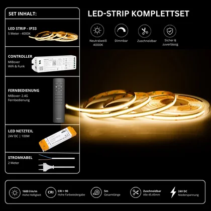 LED Streifen Set Neutralweiß – COB LED Streifen 24V, punktfrei, 14 W/m, 5m, 4000K, CRI 90, IP33 – SS100 Netzteil, WL5 WiFi Controller & C1 Fernbedienung Schwarz