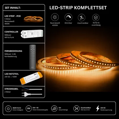 LED Streifen Set High Power Neutralweiß 4000K – SMD LED Streifen 24V, 22 W/m, 3620 lm/m, 5m – SS150 Netzteil, WL5 WiFi Controller & C1 Fernbedienung Schwarz