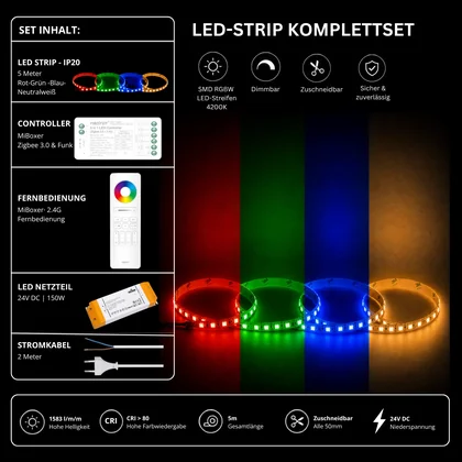 LED Streifen Set RGBW – SMD LED Streifen 24V, 4-in-1, 19,2 W/m, 5m, RGB + Neutralweiß 4200K – SS150 Netzteil, SZ5 Zigbee 3.0 Controller & C5 Fernbedienung Weiß