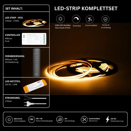LED Streifen Set Einfarbig COB Schmal – 5 mm COB LED Streifen 24V, punktfrei, 7 W/m, 5m, Warmweiß 2700K, CRI 90 – SS60 Netzteil, SR2 Funk-Controller & C1 Fernbedienung Schwarz