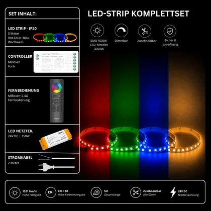 LED Streifen Set RGBW – SMD LED Streifen 24V, 4-in-1, 19,2 W/m, 5m, RGB + Warmweiß 3000K – SS150 Netzteil, SR5 Funk-Controller & C5 Fernbedienung Schwarz