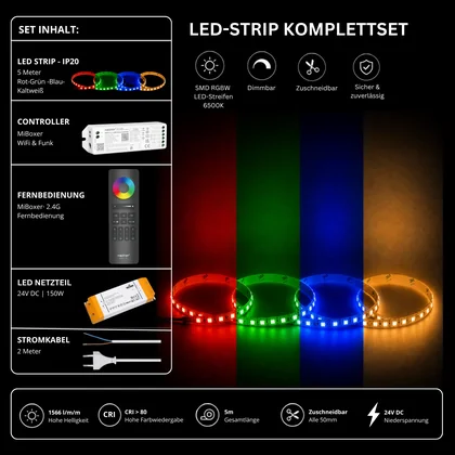 LED Streifen Set RGBW – SMD LED Streifen 24V, 4-in-1, 19,2 W/m, 5m, RGB + Kaltweiß 6500K – SS150 Netzteil, WL5 WiFi Controller & C5 Fernbedienung Schwarz