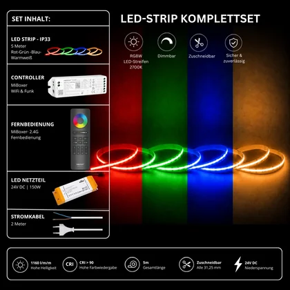 LED Streifen Set RGBW – COB LED Streifen 24V, punktfrei, 20 W/m, 5m, RGB + Warmweiß 2700K, CRI 90, IP33 – SS150 Netzteil, WL5 WiFi Controller & C5 Fernbedienung Schwarz