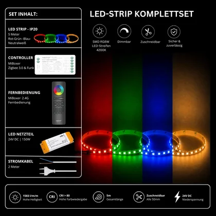 LED Streifen Set RGBW – SMD LED Streifen 24V, 4-in-1, 19,2 W/m, 5m, RGB + Neutralweiß 4200K – SS150 Netzteil, SZ5 Zigbee 3.0 Controller & C5 Fernbedienung Schwarz
