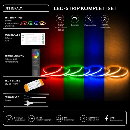 LED Streifen Set RGBW – COB LED Streifen 24V, punktfrei, 20 W/m, 5m, RGB + Warmweiß 2700K, CRI 90, IP65 – SS150 Netzteil, SR5 Funk-Controller & C5 Fernbedienung Schwarz
