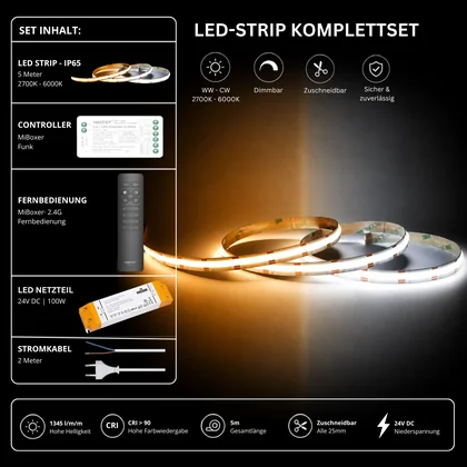 LED Streifen Set CCT IP65 – COB LED Streifen 24V, 16 W/m, 1345 lm/m, 5m, 2700-6000K – SS100 Netzteil, SR2 Funk-Controller & C1 Fernbedienung Schwarz