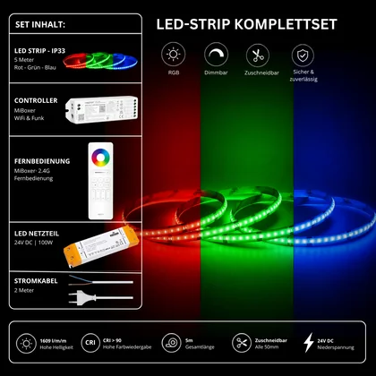 LED Streifen Set RGB IP33 – COB LED Streifen 24V, 14 W/m, 5m, punktfrei – SS100 Netzteil, WL5 WiFi Controller & C5 Fernbedienung Weiß