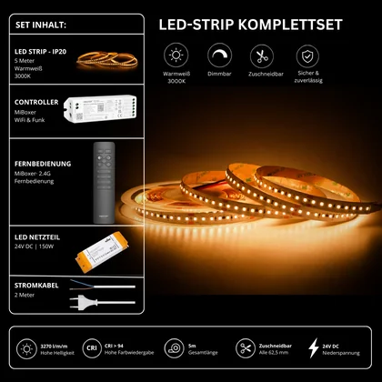LED Streifen Set High Power Warmweiß 3000K – SMD LED Streifen 24V, 22 W/m, 3270 lm/m, 5m – SS150 Netzteil, WL5 WiFi Controller & C1 Fernbedienung Schwarz