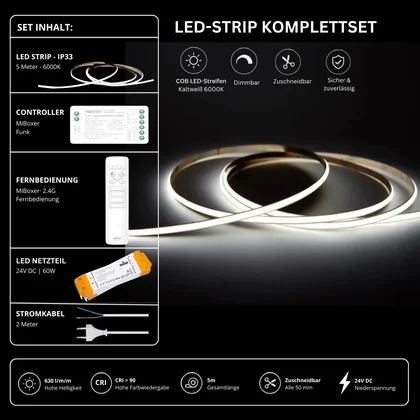 LED Streifen Set Einfarbig COB Schmal – 5 mm COB LED Streifen 24V, punktfrei, 7 W/m, 5m, Kaltweiß 6000K, CRI 90 – SS60 Netzteil, SR2 Funk-Controller & C1 Fernbedienung Weiß