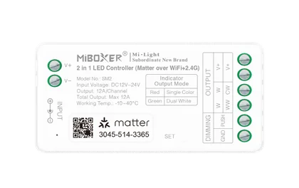 MiBoxer SM2 Matter over WiFi & 2.4G Funk LED Controller – 2-in-1, einfarbig & CCT, 12-24 V, 12 A, Push-Dim