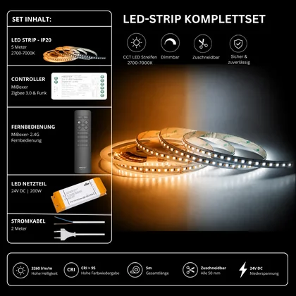 LED Streifen Set Tunable White – CCT LED Streifen 24V, 240 LEDs/m, 29 W/m, 5m, 2700-7000K, CRI 95 – SNP-200 Netzteil, SZ2 Zigbee 3.0 Controller & C1 Fernbedienung Schwarz