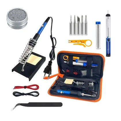 Lötkolben Set 15-teilig – 60 W Lötkolben mit regelbarer Temperatur 200-450°C, Entlötpumpe, 5 Lötspitzen, Lötzinn, Spitzen-Reaktivator & Zubehör in der Tragetasche