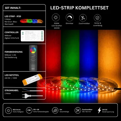LED Streifen Set RGBW – SMD LED Streifen 24V, 60 LEDs/m, 4-in-1, 18 W/m, 953 lm/m, 5m, RGB + Warmweiß 3000K, CRI 80 – SS100 Netzteil, SZ5 Zigbee 3.0 Controller & C5 Fernbedienung Schwarz