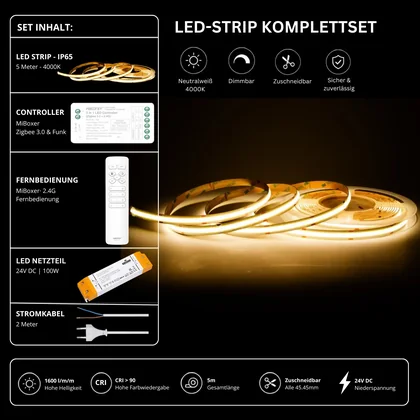 LED Streifen Set Neutralweiß – COB LED Streifen 24V, punktfrei, 14 W/m, 5m, 4000K, CRI 90, IP65 – SS100 Netzteil, SZ2 Zigbee 3.0 Controller & C1 Fernbedienung Weiß