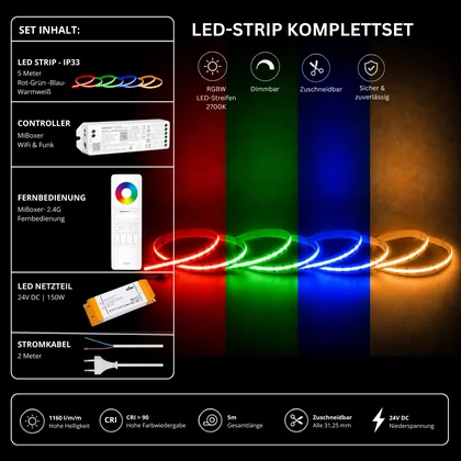 LED Streifen Set RGBW – COB LED Streifen 24V, punktfrei, 20 W/m, 5m, RGB + Warmweiß 2700K, CRI 90, IP33 – SS150 Netzteil, WL5 WiFi Controller & C5 Fernbedienung Weiß