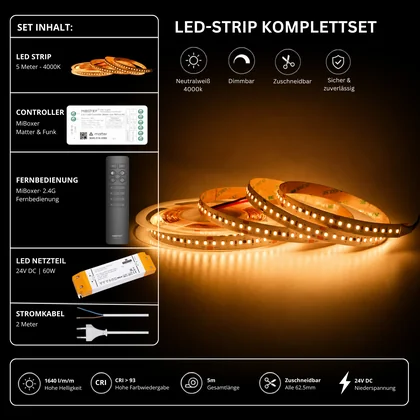 LED Streifen Set Neutralweiß 4000K – SMD LED Streifen 24V, 9 W/m, 1640 lm/m, 5m – SS60 Netzteil, SM2 Matter Controller & C1 Fernbedienung Schwarz