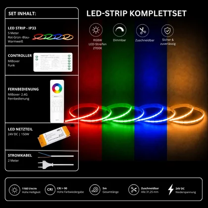 LED Streifen Set RGBW – COB LED Streifen 24V, punktfrei, 20 W/m, 5m, RGB + Warmweiß 2700K, CRI 90, IP33 – SS150 Netzteil, SR5 Funk-Controller & C5 Fernbedienung Weiß