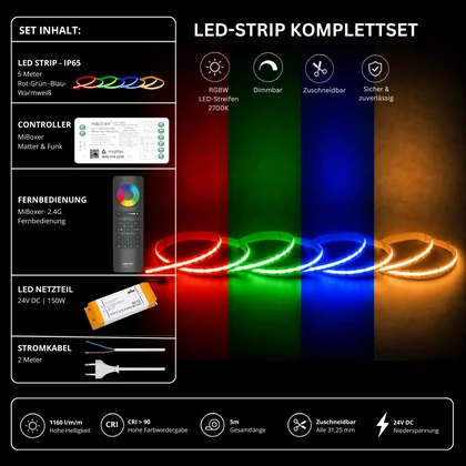 LED Streifen Set RGBW – COB LED Streifen 24V, punktfrei, 20 W/m, 5m, RGB + Warmweiß 2700K, CRI 90, IP65 – SS150 Netzteil, SM5 Matter Controller & C5 Fernbedienung Schwarz