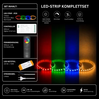 LED Streifen Set RGBW – SMD LED Streifen 24V, 4-in-1, 19,2 W/m, 5m, RGB + Warmweiß 3000K – SS150 Netzteil, SZ5 Zigbee 3.0 Controller & C5 Fernbedienung Schwarz