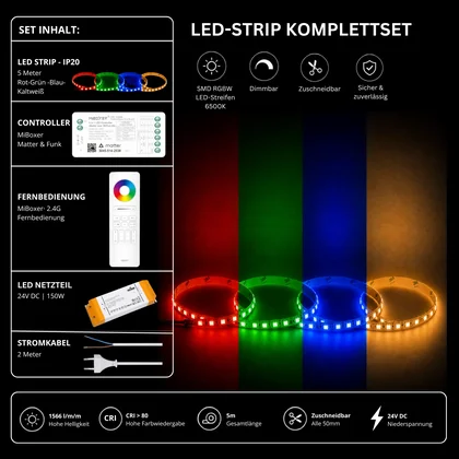 LED Streifen Set RGBW – SMD LED Streifen 24V, 4-in-1, 19,2 W/m, 5m, RGB + Kaltweiß 6500K – SS150 Netzteil, SM5 Matter Controller & C5 Fernbedienung Weiß