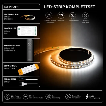 LED Streifen Set CCT IP20 – SMD LED Streifen 24V, 16 W/m, 2200 lm/m, 5m, 2700-6500K – SS100 Netzteil, SR2 Funk-Controller & C1 Fernbedienung Schwarz