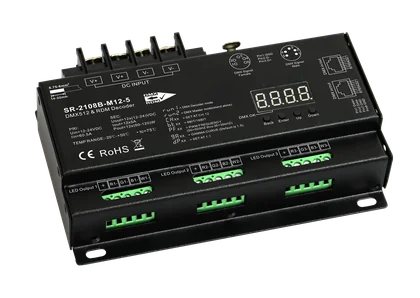 SR-2108B-M12-3 DMX512 & RDM Decoder 12-Kanal 5A pro Kanal 12-24V DC Metallgehäuse XLR RJ45