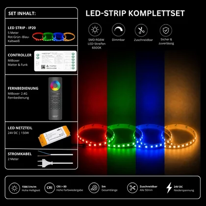 LED Streifen Set RGBW – SMD LED Streifen 24V, 4-in-1, 19,2 W/m, 5m, RGB + Kaltweiß 6500K – SS150 Netzteil, SM5 Matter Controller & C5 Fernbedienung Schwarz
