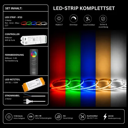 LED Streifen Set RGBCCT IP33 – COB LED Streifen 24V, 21 W/m, 5m, punktfrei – SS150 Netzteil, WL5 WiFi Controller & C5 Fernbedienung Schwarz