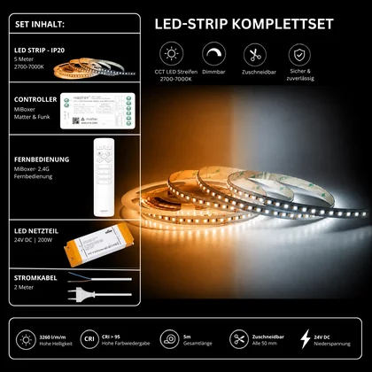 LED Streifen Set Tunable White – CCT LED Streifen 24V, 240 LEDs/m, 29 W/m, 5m, 2700-7000K, CRI 95 – SNP-200 Netzteil, SM2 Matter Controller & C1 Fernbedienung Weiß