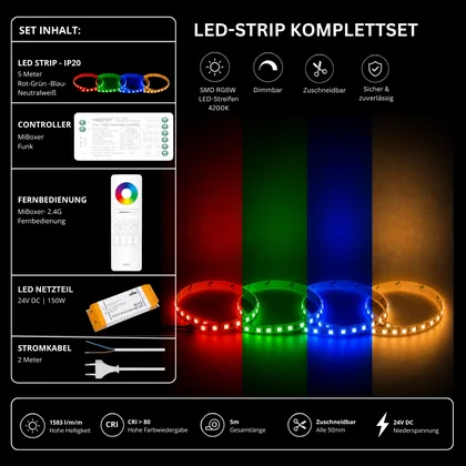 LED Streifen Set RGBW – SMD LED Streifen 24V, 4-in-1, 19,2 W/m, 5m, RGB + Neutralweiß 4200K – SS150 Netzteil, SR5 Funk-Controller & C5 Fernbedienung Weiß