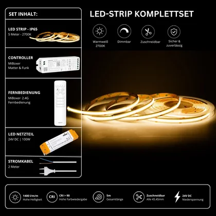 LED Streifen Set Warmweiß – COB LED Streifen 24V, punktfrei, 14 W/m, 5m, 2700K, CRI 90, IP65 – SS100 Netzteil, WL5 WiFi Controller & C1 Fernbedienung Weiß