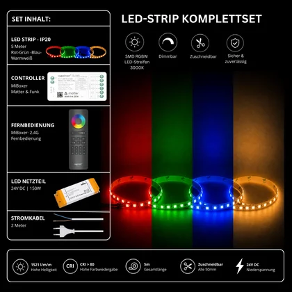 LED Streifen Set RGBW – SMD LED Streifen 24V, 4-in-1, 19,2 W/m, 5m, RGB + Warmweiß 3000K – SS150 Netzteil, SM5 Matter Controller & C5 Fernbedienung Schwarz