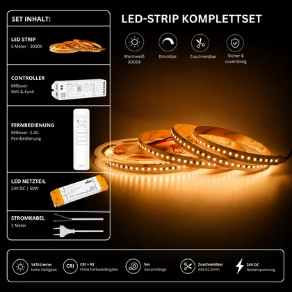 LED Streifen Set Warmweiß 3000K – SMD LED Streifen 24V, 9 W/m, 1500 lm/m, 5m – SS60 Netzteil, WL5 WiFi Controller & C1 Fernbedienung Weiß