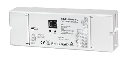 SR-2309PRO-5C DALI-2 DT8 LED Controller, 5-Kanal, 12-48V DC, 5×5A, 8-in-1 Farbsteuerung, Push DIM