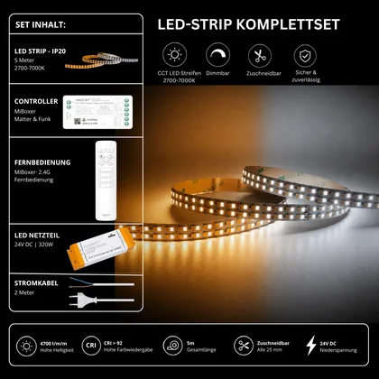 LED Streifen Set CCT High Power – 12 mm CCT LED Streifen 24V, 40 W/m, 4700 lm/m, 5m, 2700K-7000K, CRI 92 – SNP-320 Netzteil, SM2 Matter Controller & C1 Fernbedienung Weiß