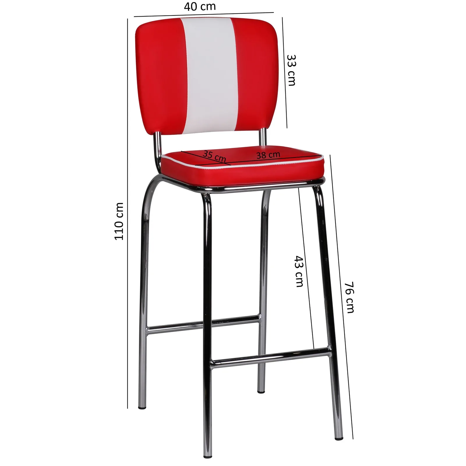FineBuy Barhocker American Diner 50er Jahre Retro Barstuhl, Sitzfläche mit Rücken-Lehne, Fußstütze, Sitzhöhe 76 cm