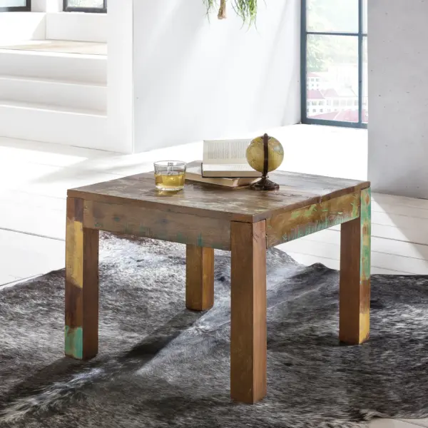 FineBuy Couchtisch KALKUTTA 60 x 47 x 60 cm, Massivholz Beistelltisch Shabby-Chic, Wohnzimmer Tisch aus Bootsholz, Sofatisch quadratisch
