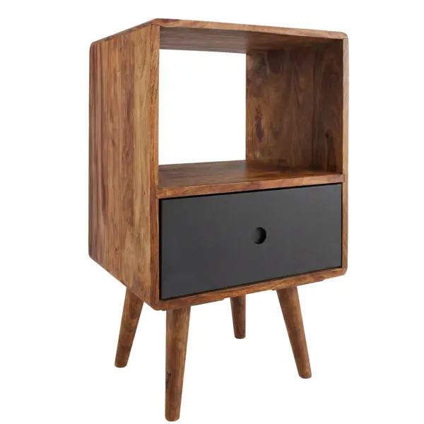 FineBuy Retro Nachtkonsole REPA Sheesham Holz Nachttisch mit Schublade 40 x 35 x 70 cm, Design Nachtkästchen Massiv für Boxspring, Großes Nachtschränkchen dunkelbraun Nako