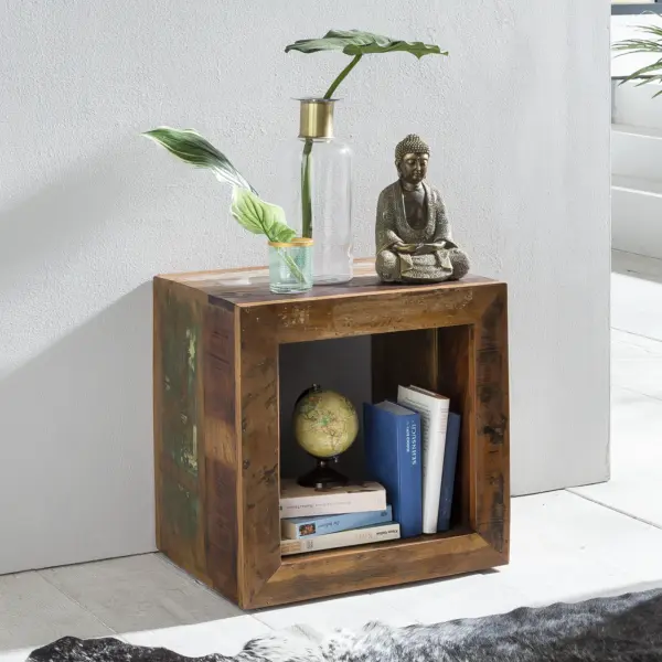 FineBuy Beistelltisch KALKUTTA 45 x 45 x 35 cm, Massivholz Cube Tisch für Wohnzimmer, Wohnzimmertisch mit Ablage, Nachttisch - Nachtkonsole - Nachtkästchen