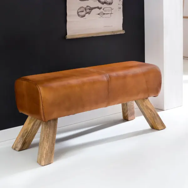 FineBuy Design Sitzbank Turnbock 90cm Cognac Echtleder Mangoholz Retro Sitzhocker, Lederhocker mit Holzbeinen, Sprinbock Hocker, Garderobenbank
