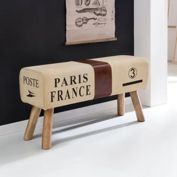FineBuy Design Sitzbank POSTE Turnbock 90cm Stoff & Mangoholz - Retro Sitzhocker - Hocker mit Holzbeinen - Sprinbock - Garderobenbank